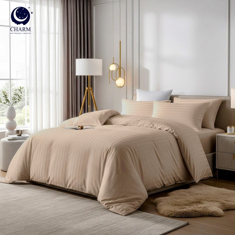 ผ้าปูที่นอน CHARM ผ้าซาตินลายริ้ว สีเบจ ขนาด 3.5 ฟุต_9